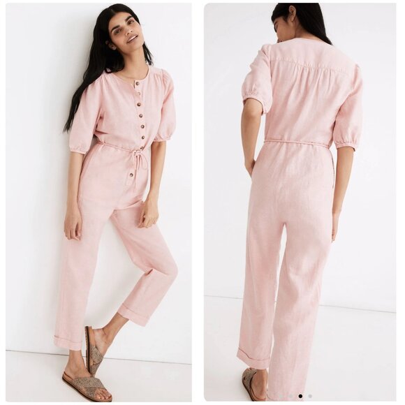 Madewell Pants - Madewell linen Puff Sleeves Jumpsuit Womens Medium Pink Straight Leg Button Down